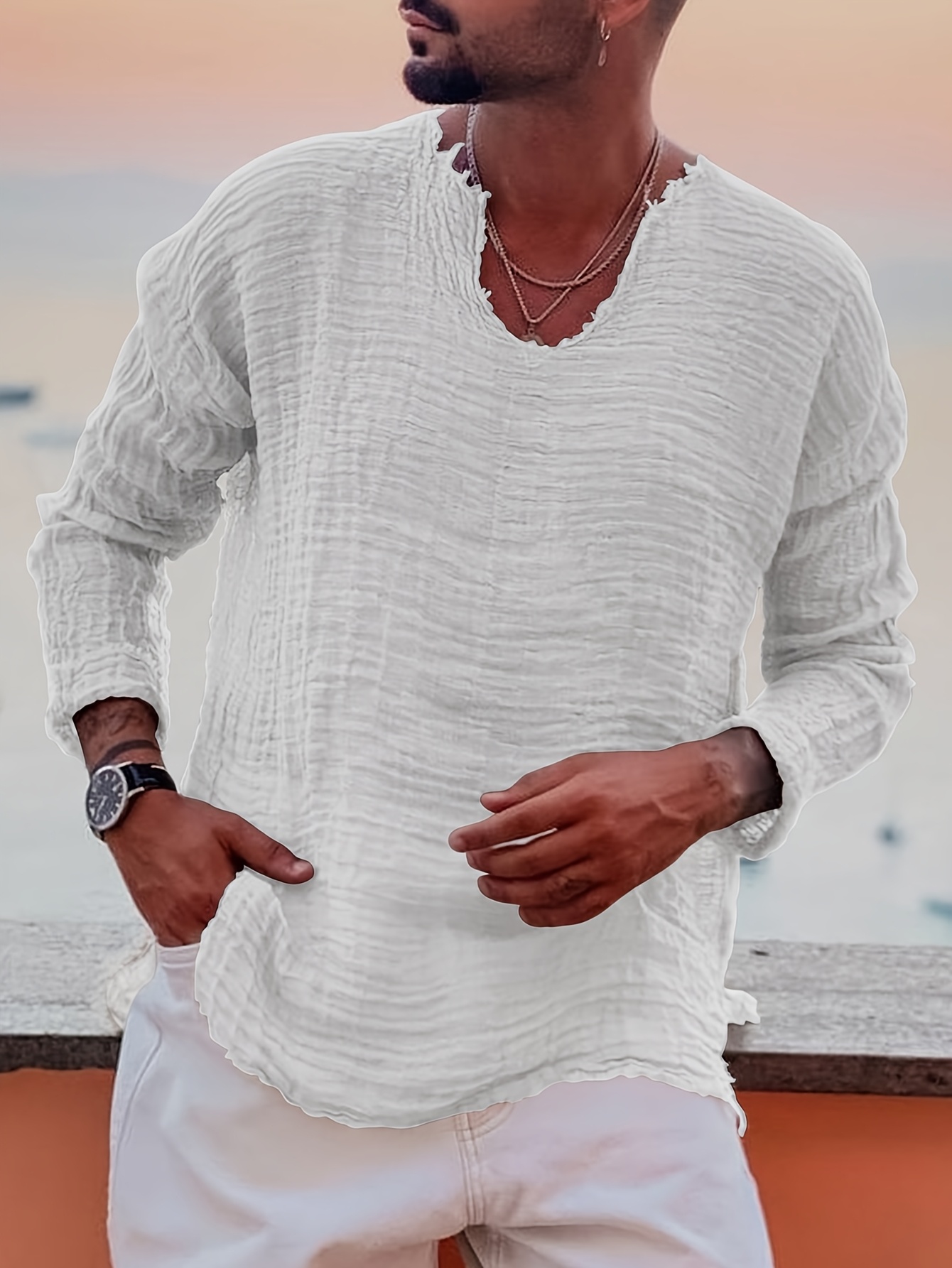 Men's Mid-Length Sleeve T-Shirt with V-Neck, Distressed Style Casual Summer Beach Vacation Top