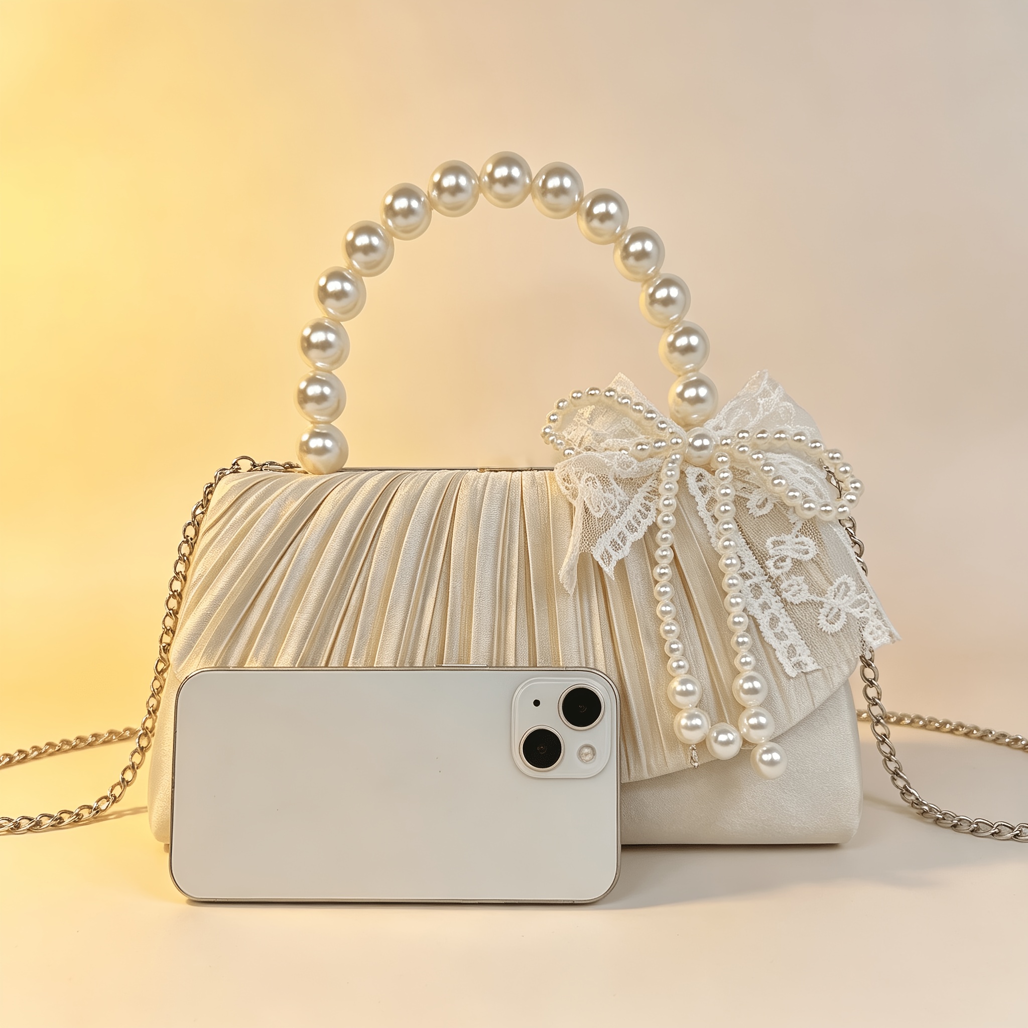 Apricot Satin Pleated Evening Clutch with Pearl Bow