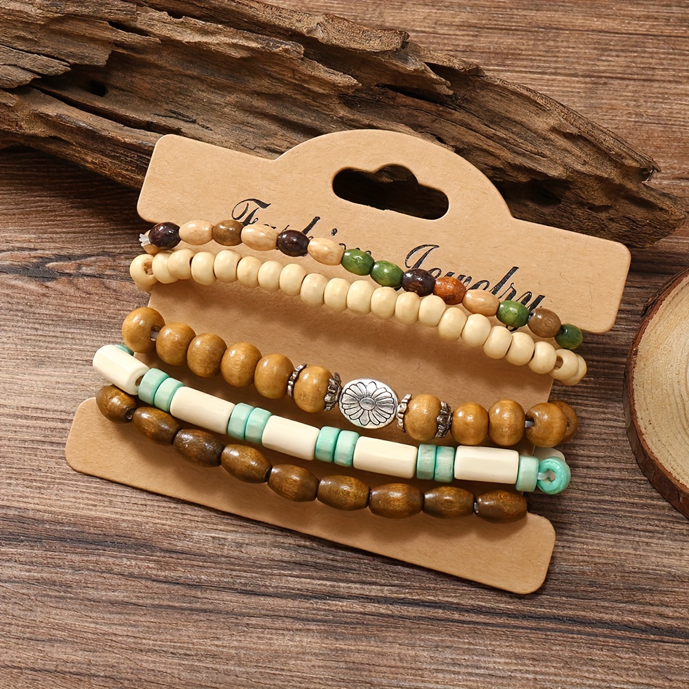 

5pcs Multi-color Wooden Bead Alloy Bracelet - Fashionable And Creative Accessories, Unisex Valentine's Day Gift