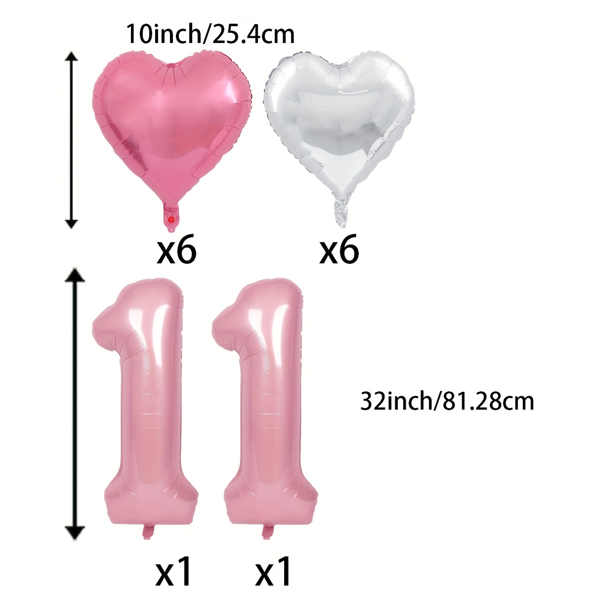 Image of Pink Balloon With 10inch Pink Silver Heart Balloons | 32inch Pink Number Balloon Digital Balloon For Girl 11th Birthday, Anniversary, Wedding, Graduations, Party Decorations, Aluminum Film Material