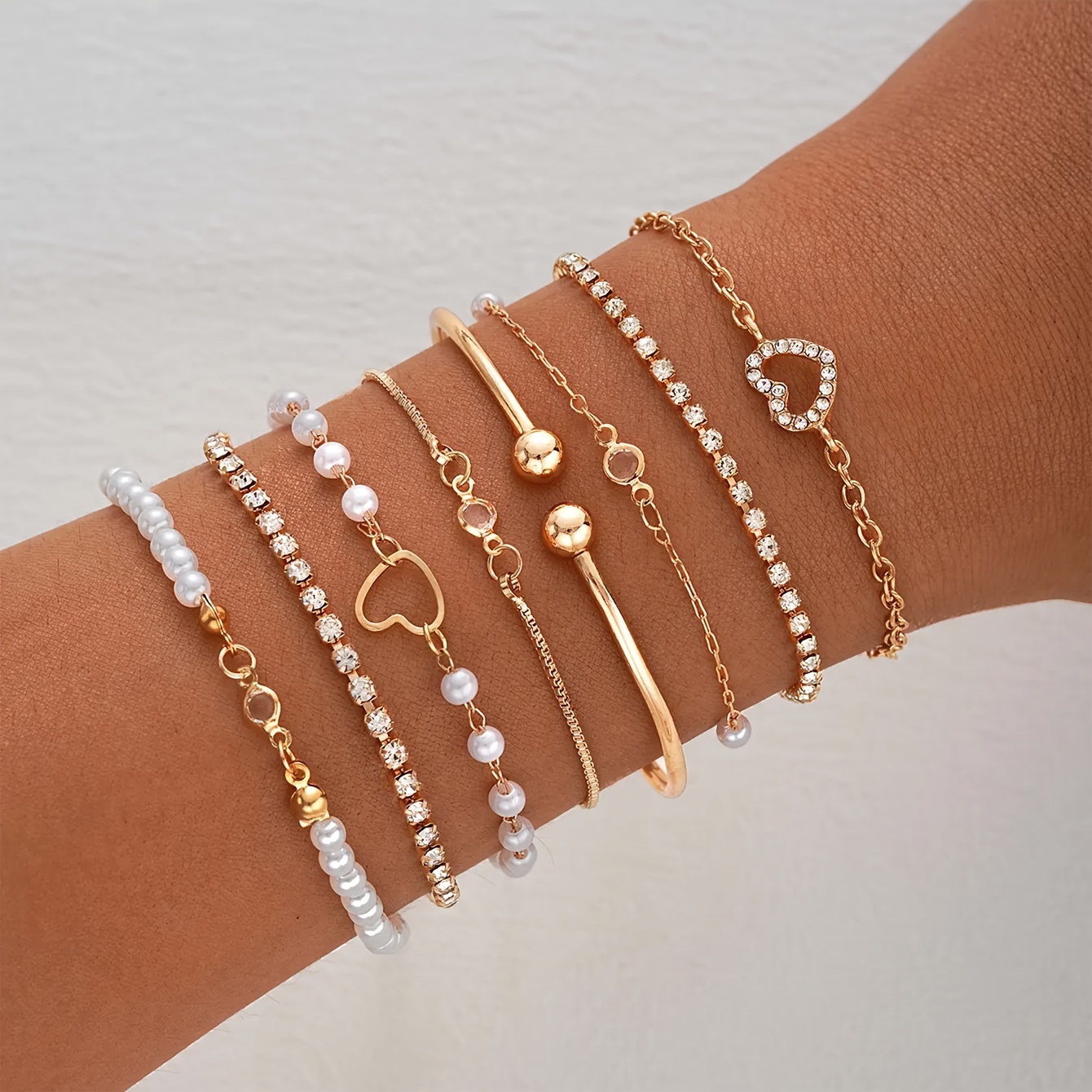 TEMU 8pcs Set Gold-tone Fashion Simple Pearl & Rhinestone Snake Chain Bracelets, Unisex Vintage Elegant Alloy Stackable Jewelry For Daily, Gift, Valentine's Day - All Suitable