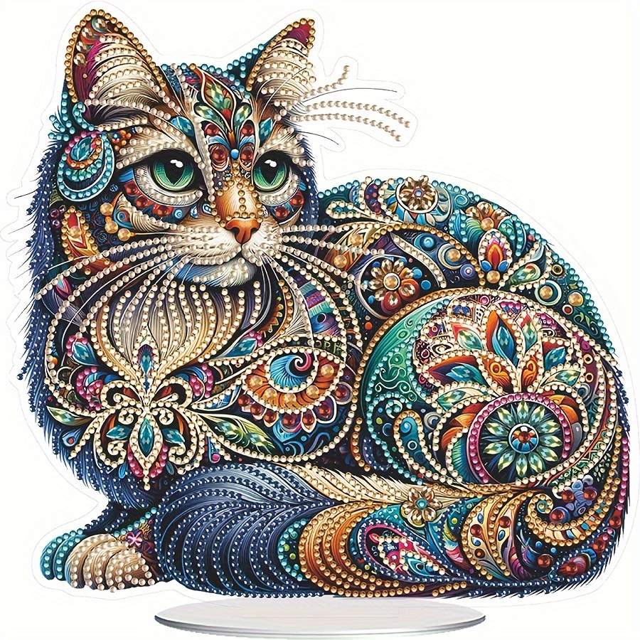 

5d Diamond Art Cat Painting Kit Diy Mosaic Acrylic Craft Set For Home Decor - Elegant Animal Cat Figurine - 1pc