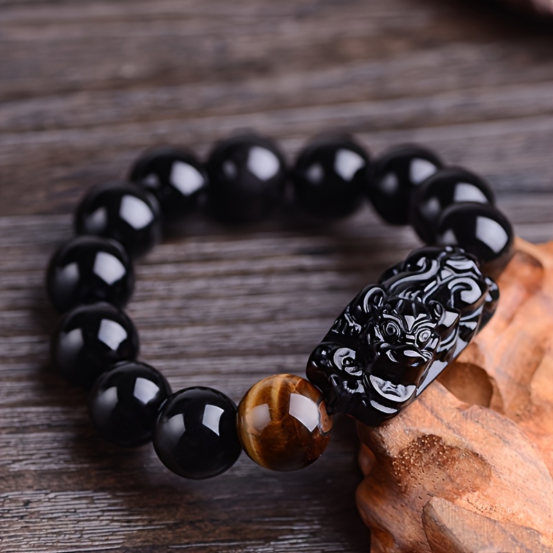 

1pc 10/12mm Black Bracelet Feng Shui Black Wealth Bracelet For Women Men Stretch Bracelet Bangle With Pixiu Tiger Wealth Money And Good Luck