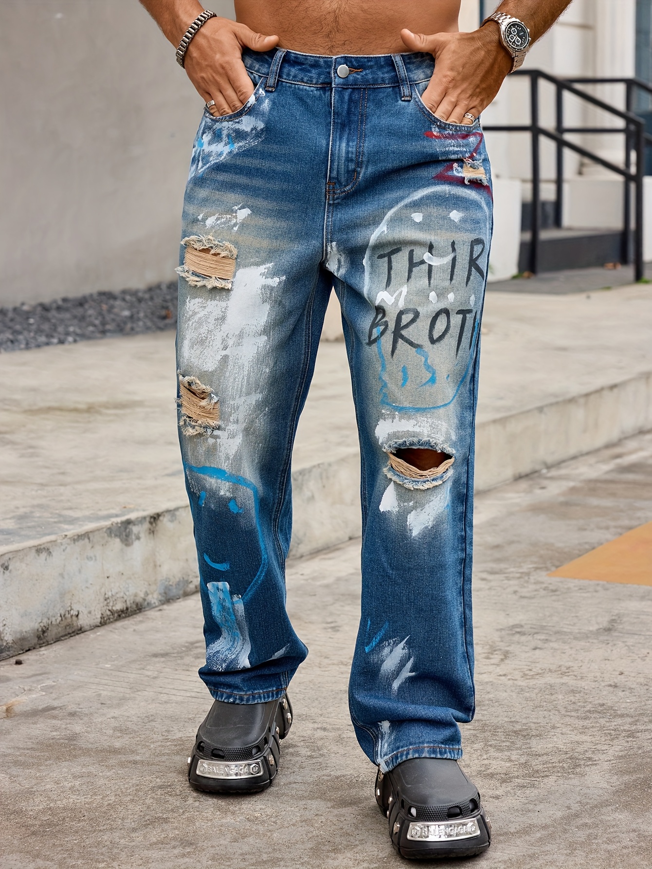 mens distressed denim non stretch denim pants pre Temu Ireland