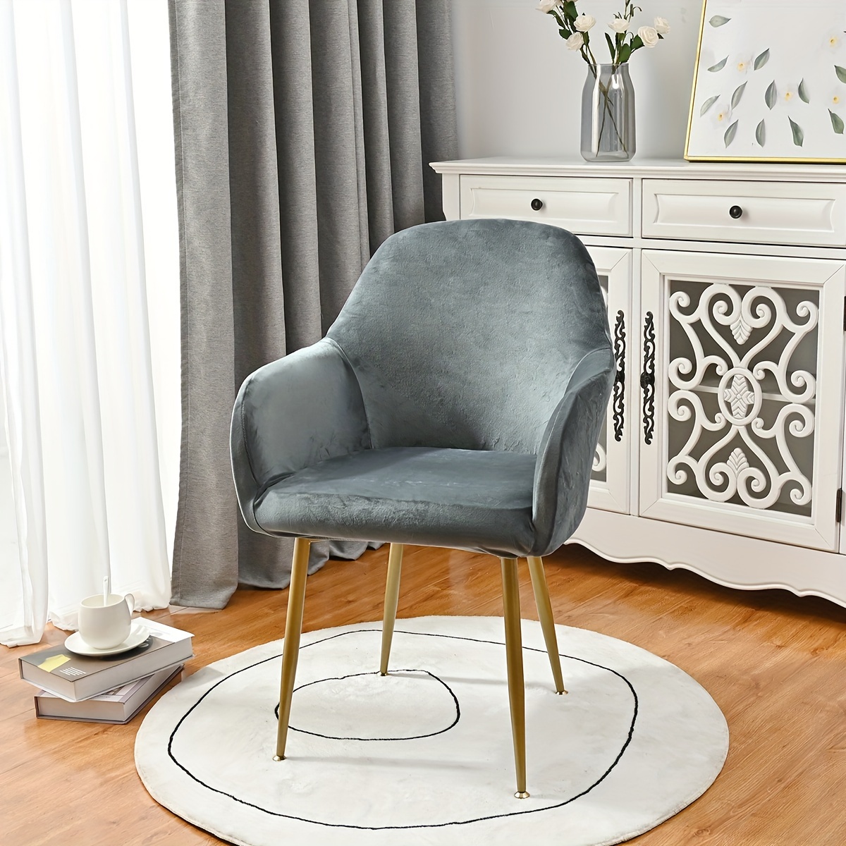 

Stretch Velvet Dining Chair Slipcover - Curved, Furniture Protector For Home Decor In Living Room, Office