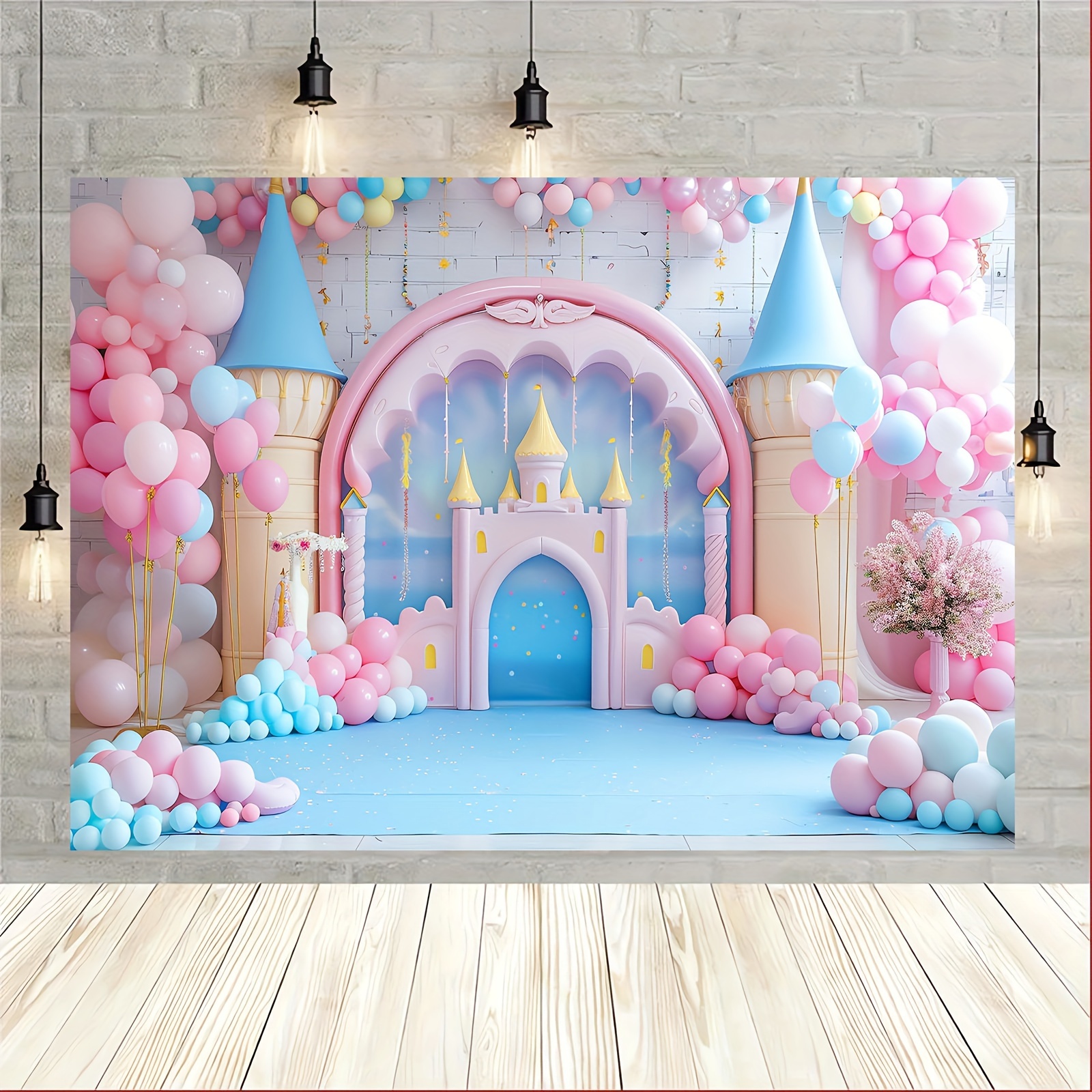 

Fairy Tale Castle & Balloon Photography Backdrop - Versatile Polyester Background For Birthdays, Weddings, Showers | Spring/summer Theme