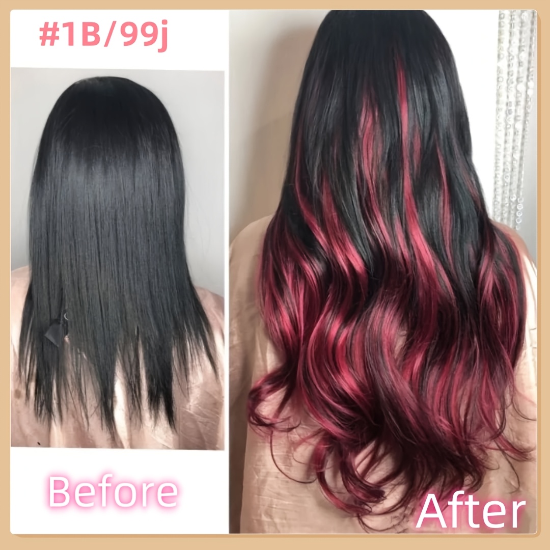 Image of 1b/99j Burgundy Highlight Straight Hair Extensions Suitable For Women - Natural Human , Easy Application & -free Tape System, For Daily Wear, Suitable For Hair Types &