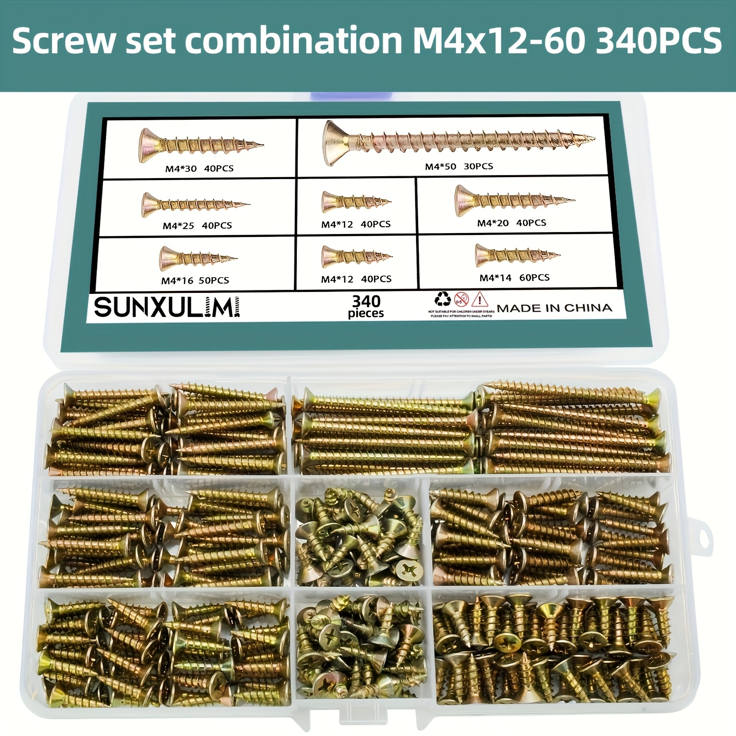 Image of M4 Wood Screw Combination Kit 340pcs, Phillips Countersunk Self-tapping Wood Screws, Yellow Plated Screw Kit, Golden Metal Self-tapping Screws, Fully Threaded