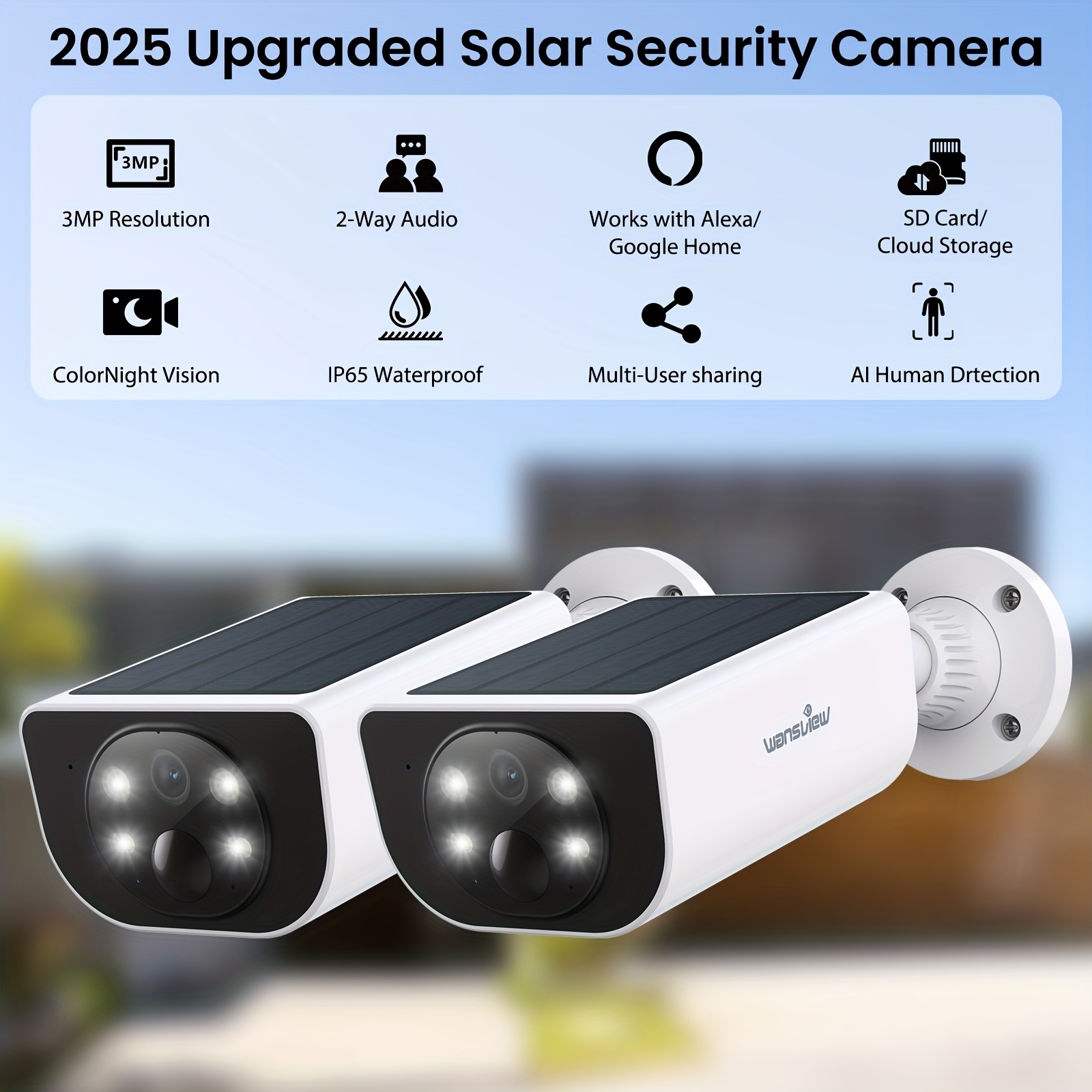TEMU Solar Security Camera Outdoor, Wansview 3mp Wireless Wifi Camera With Pir Detection, Night Vision, 2/3pcs
