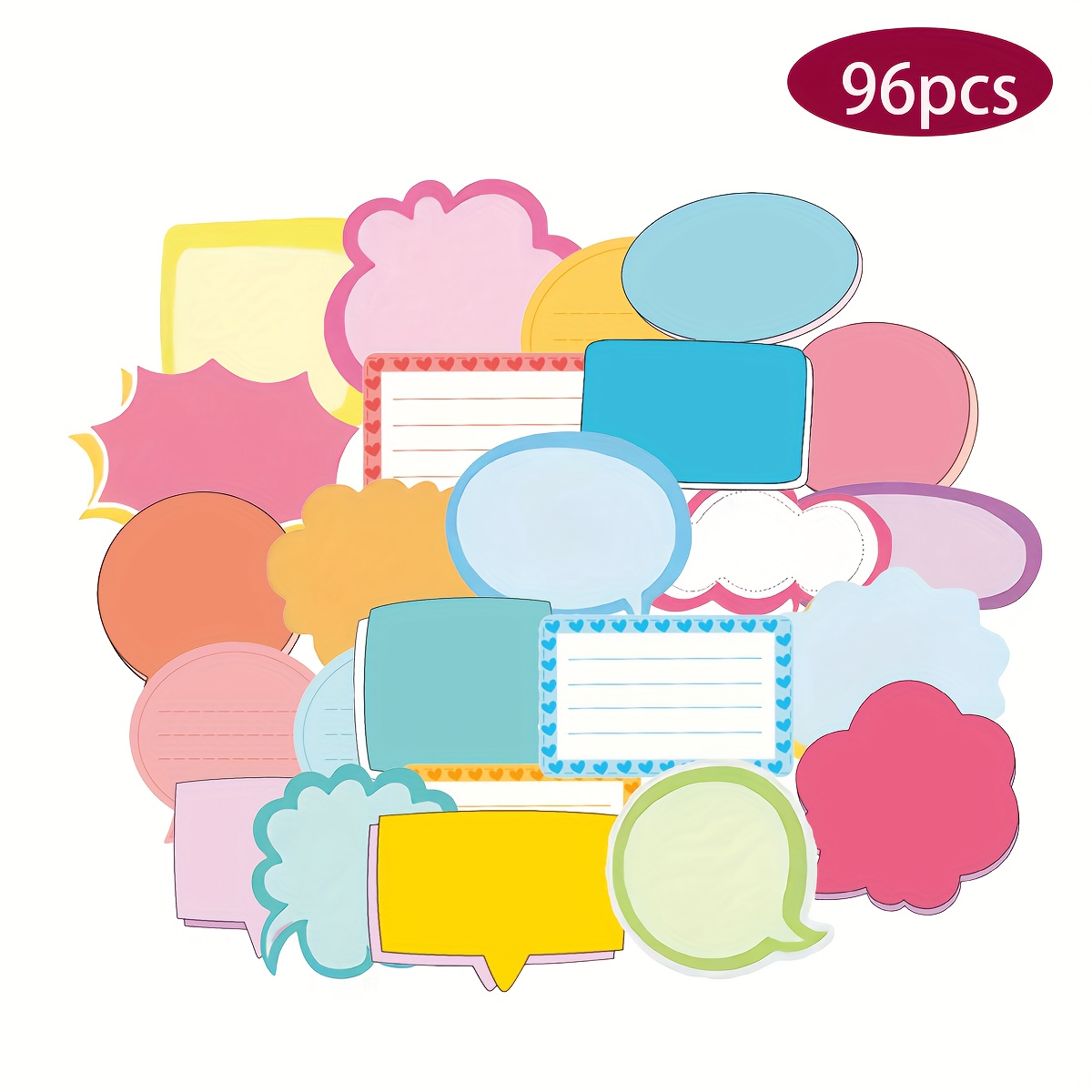 Image of 96 Colorful Blank Speech Bubble Stickers, Suitable For Scrapbooking, Planners, Journals, And Calendars. Dark Patterns Are Non-writable - 24 , , Shapes And Sizes, Vibrant Colors For Categorization.