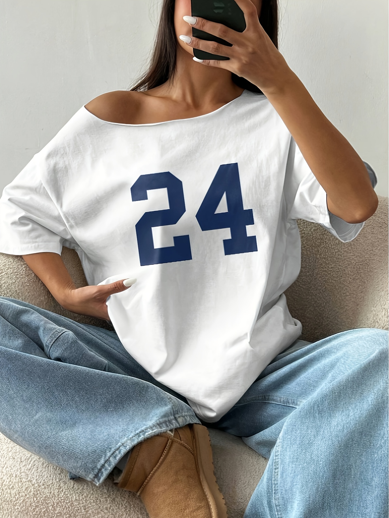 women's oversized shoulder t shirt number casual - Temu Canada