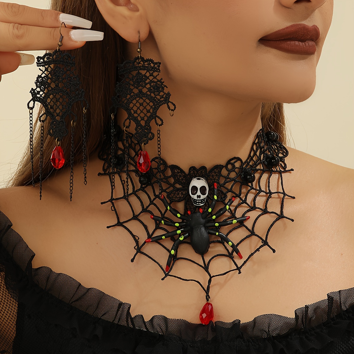 

Gothic Elegance: 3-piece Set Of Lace Spiderweb Necklace With Skull And Spider Pendant, Earrings, And Red Beads - Perfect For , Parties, And Music Festivals