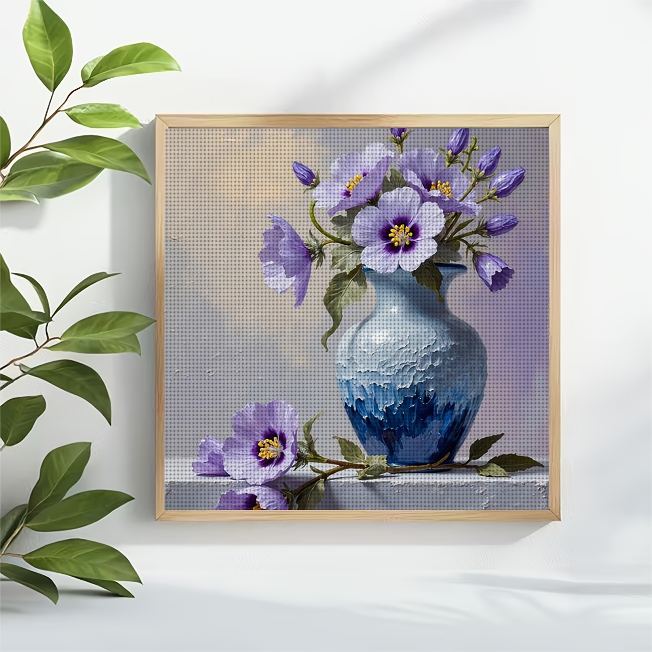 DIY Cross-Stitch Printed Kit, "Blue Bottle with Blooming Purple Flowers"