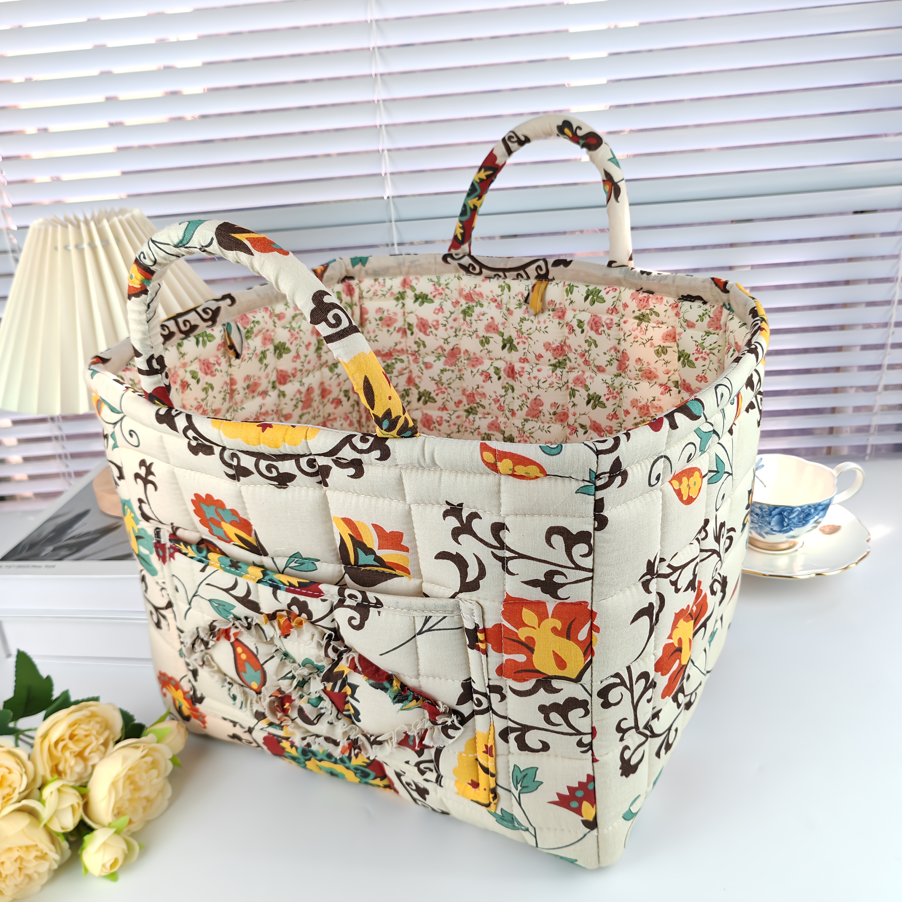 

Large Floral Canvas Storage Basket With Quilted Design - Ideal For Clothes, Books, And More - Bedroom, Living Room, Bathroom, Outdoor, Office