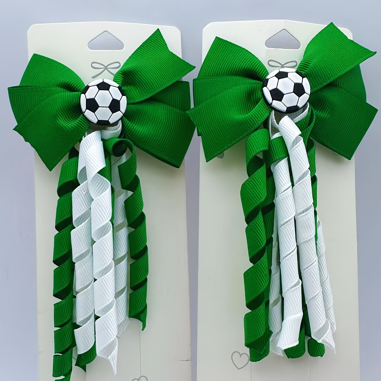 TEMU Set Of 2 Football-themed Spiral Ribbon Bow Hair Clips, In Navy Blue, Yellow, And Green. Spiral Ribbon Football-themed Duckbill Clips That Won't