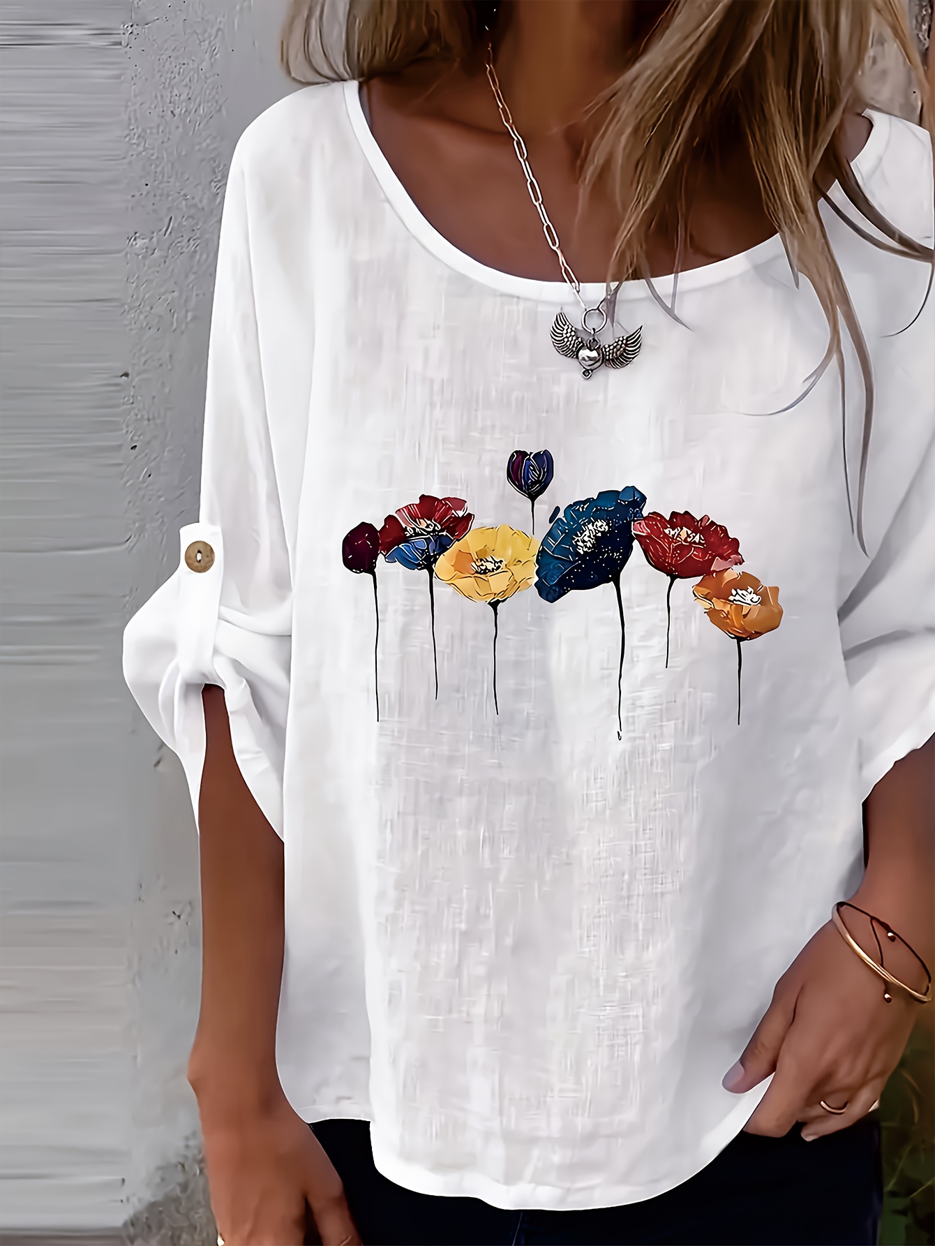 item picture elegant womens shirt solid color crew neck casual fashion top with iron on floral graphic print button detail design loose fit suitable for spring summer wear versatile for   casual and formal occasions womens shirt