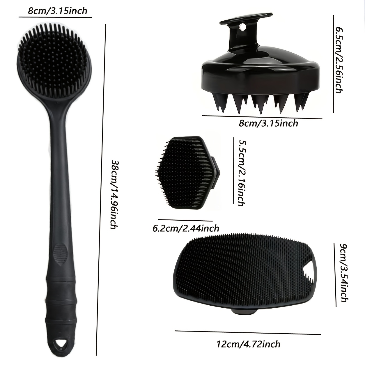 TEMU 4 Pack Rubber Bath Brush Set, Long Handle Back Shower Brush, Body Scrubber, Facial Cleansing Brush & Hair Scalp Massager Shampoo Brush, Double