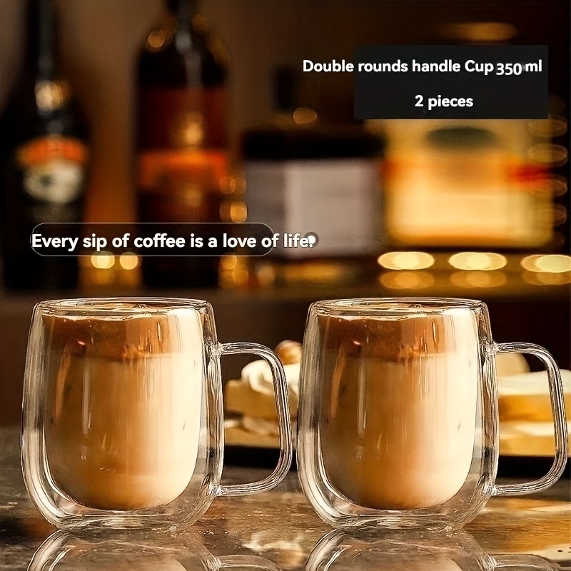 TEMU 2 Pack, Double Glass Mug, High Handle Family Coffee Cup, Milk Cup