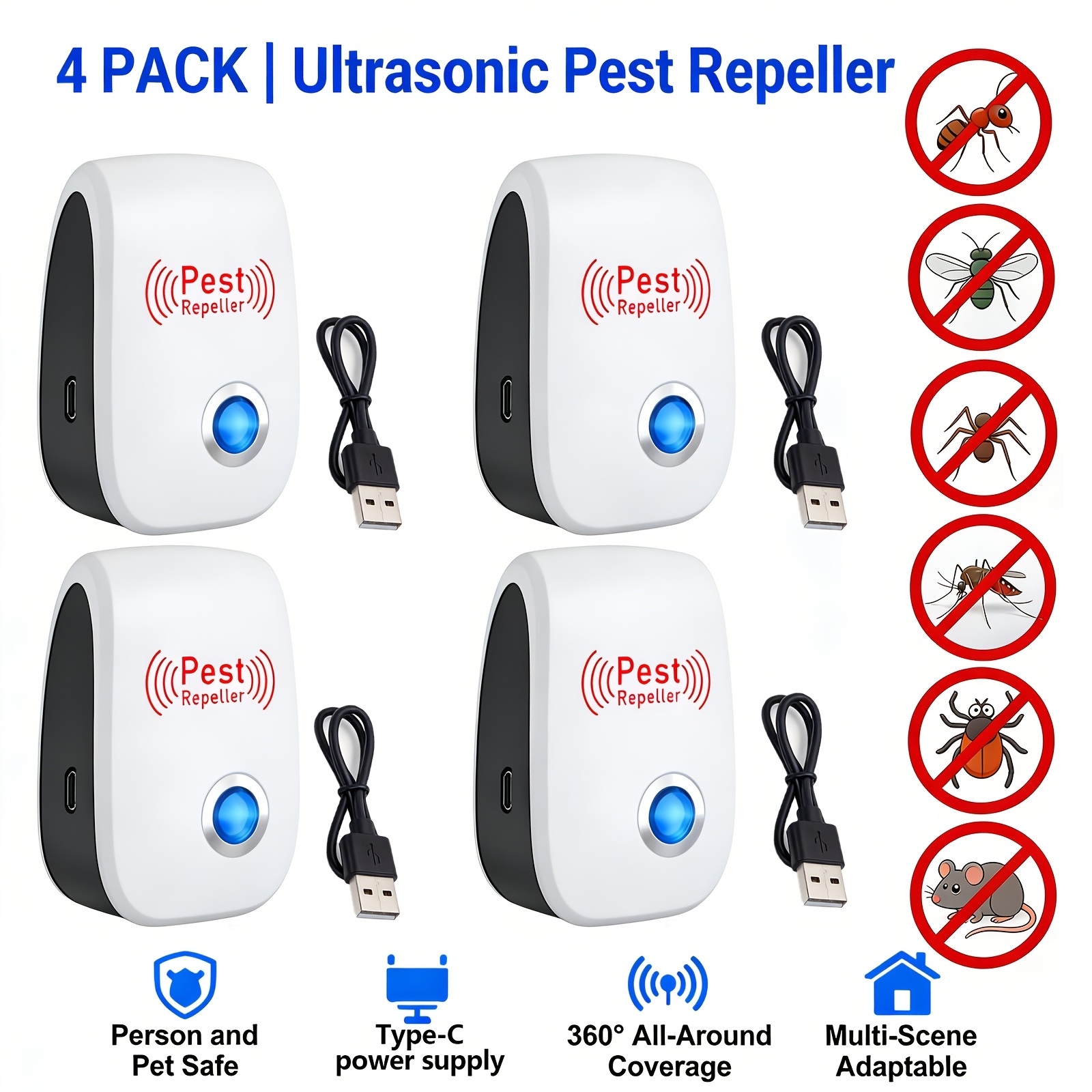 Image of Ultrasonic Pest Repeller, Usb Powered, Smart 25-65khz Sound Frequency, Mice, Mosquitoes, , Flies And Most Pests Hearing Range, Suitable For Bedroom, Kitchen, Office, Car
