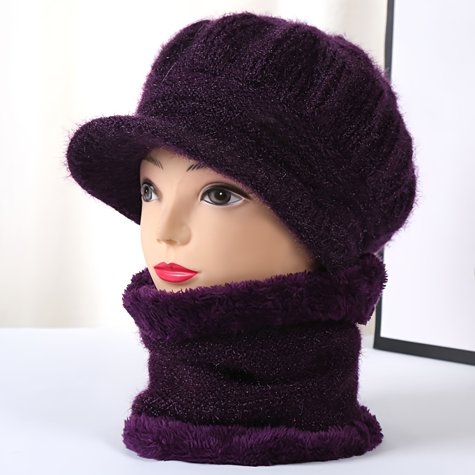 

Two-piece Set Knitted Solid Color Hat And Scarf Set For Women Travel Windproof And Warm Baseball Cap Set With Velvet Thickening Warm Clothing Accessories