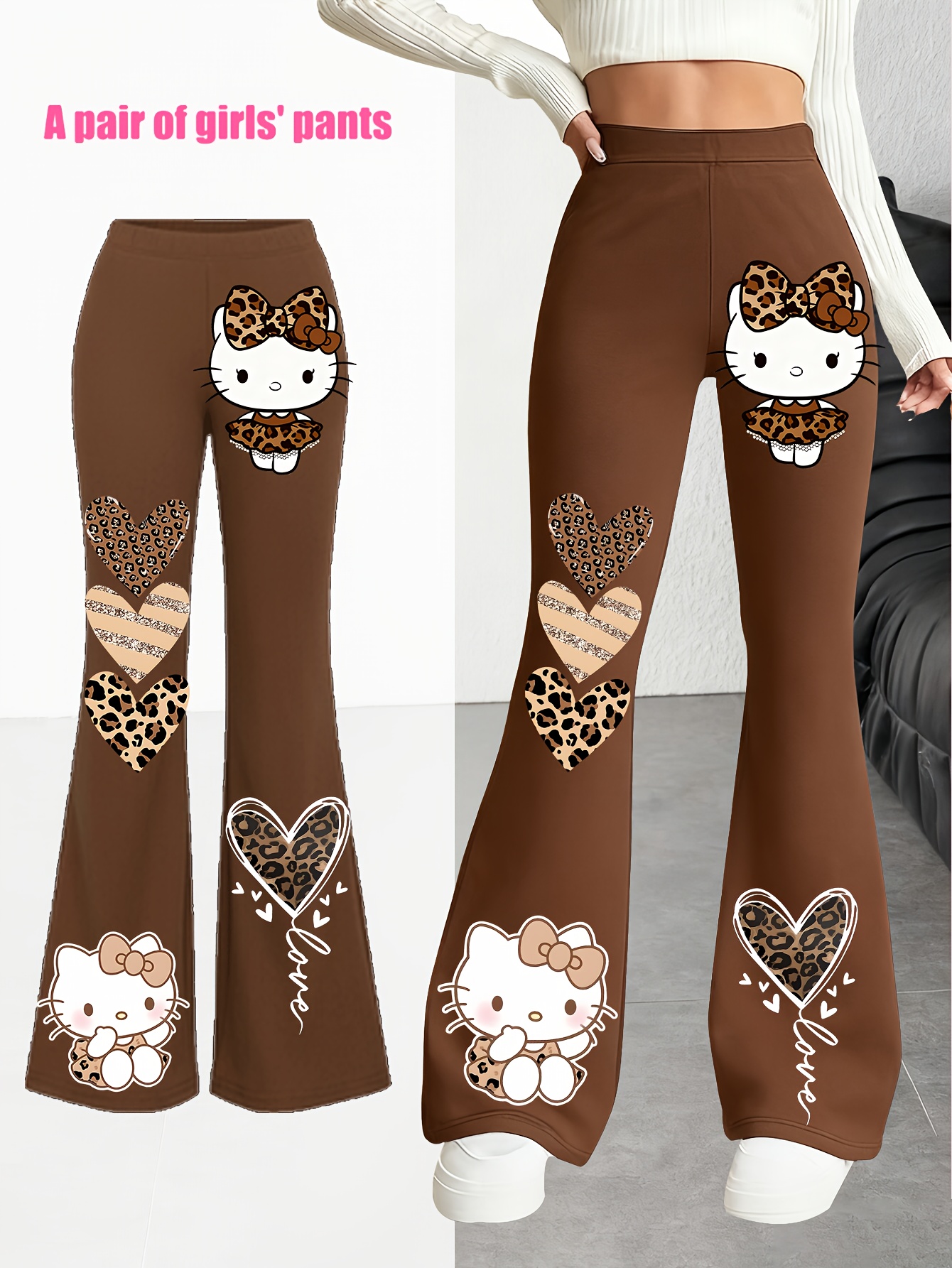 Exquisite Hello Kitty Leopard Print Heart Pattern Black Flared Trousers, Outdoor Play, Weekend Shopping, Christmas Gift, Good Present for Girls, for Outdoor