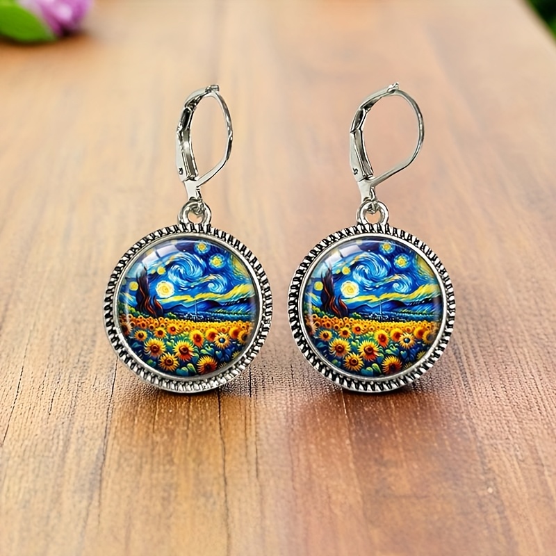 TEMU A Pair Of Vintage Round Glass Earrings Featuring Sunflowers Against A Starry Night, Without Battery