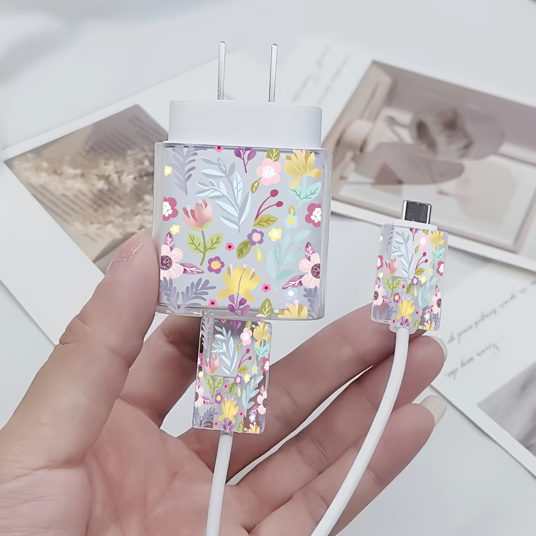 

3pcs Vibrant Floral Cartoon Pattern Charger Protector Set - Transparent Tpu, Includes Cable And Cord Head Covers, Ideal Gift