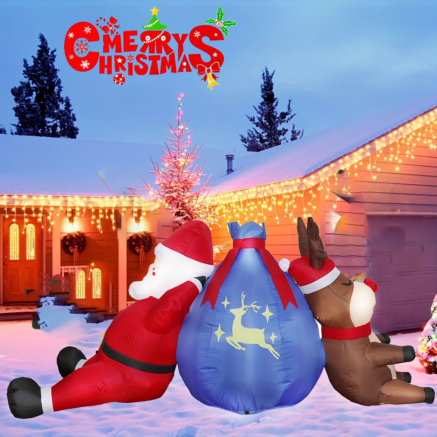 TEMU 1pc 7.87ft Inflatable Outdoor Christmas Santa Claus And Reindeer With Gift Bags Decorations, Xmas Yard Decoration With Built-in Led Lights For