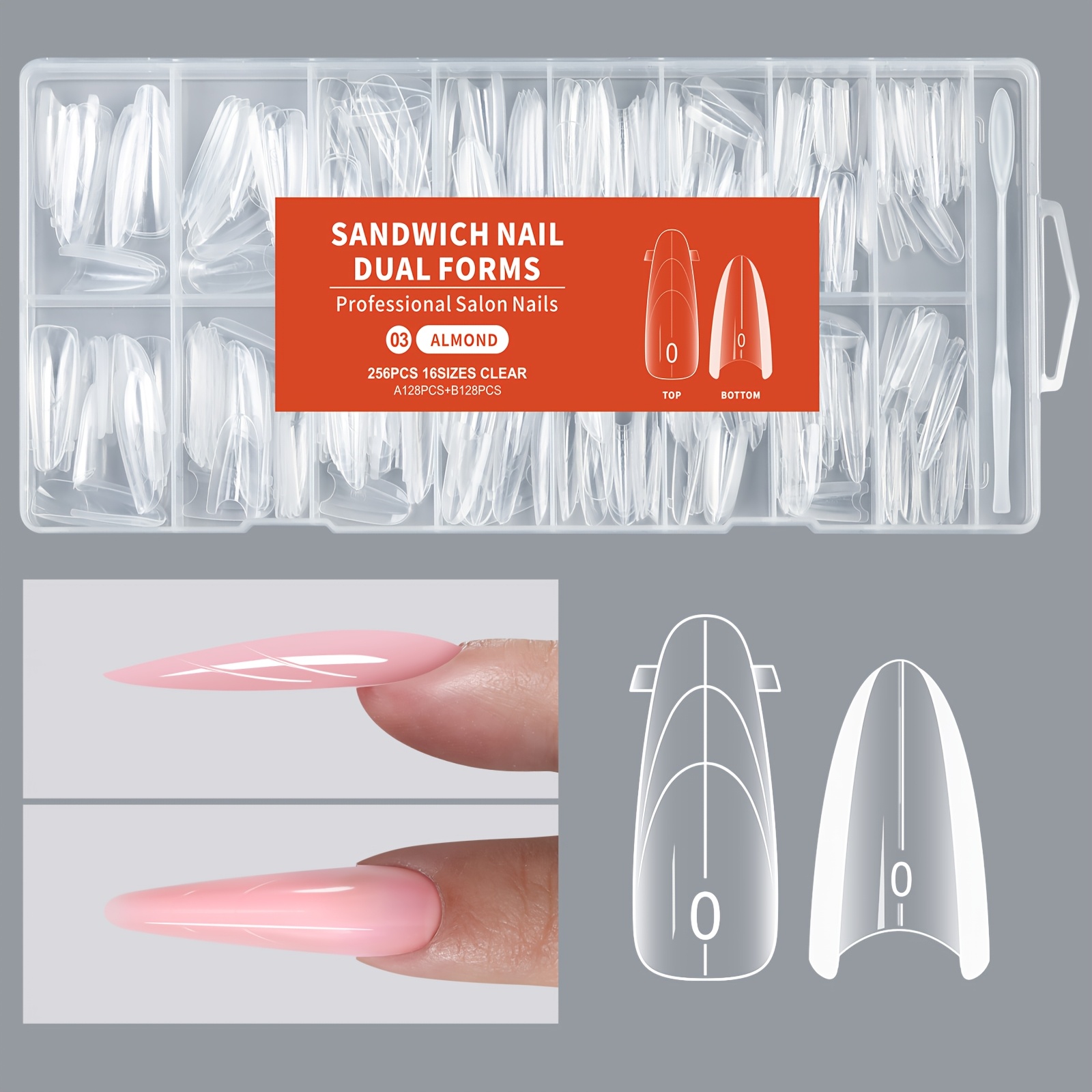TEMU 256pcs Of Sandwich Acrylic Nail Extension Molds In 16 Sizes - Coffin And Square Shapes, Easy To Off, No Mess For Salon And Manicure Tools