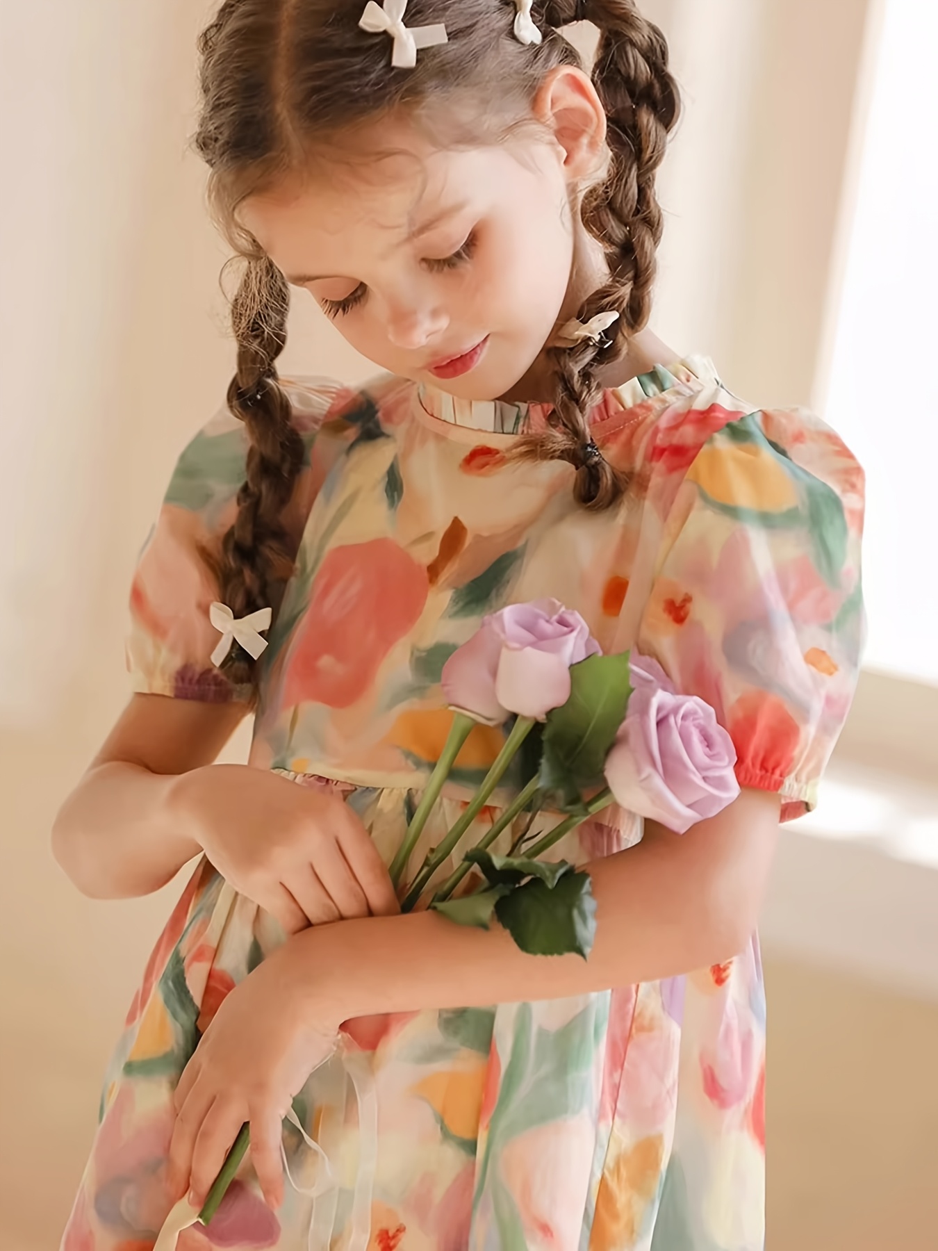 girls summer dress with peach fruit print bubble short sleeves knee length flared skirt round neck casual playwear hand wash only youngsterss outdoor playwear nontransparent fabric girls dress   color 3