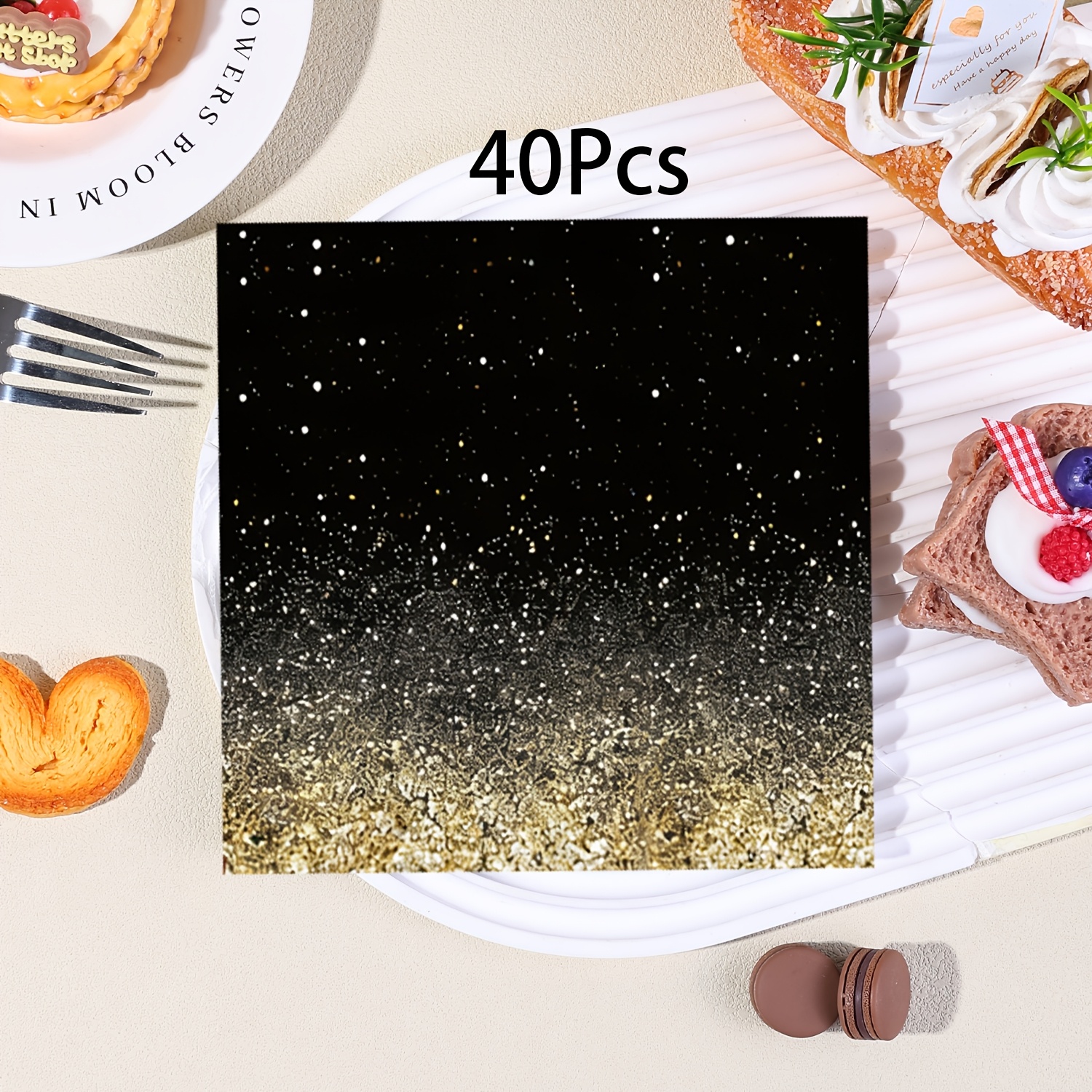 TEMU 40pcs, Ombre Disposable Paper Napkins, 2-ply Golden Glitter And Starry Tissues For Luxury Birthday, Wedding, Black With Golden Spots Cocktail