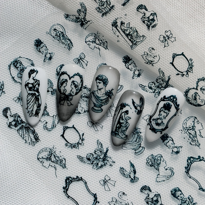 Retro Dark Nail Stickers | Gothic Baroque Style With Relief Texture, Classical Portraits, Bows, Carved Picture Frames | Self, , Single Use