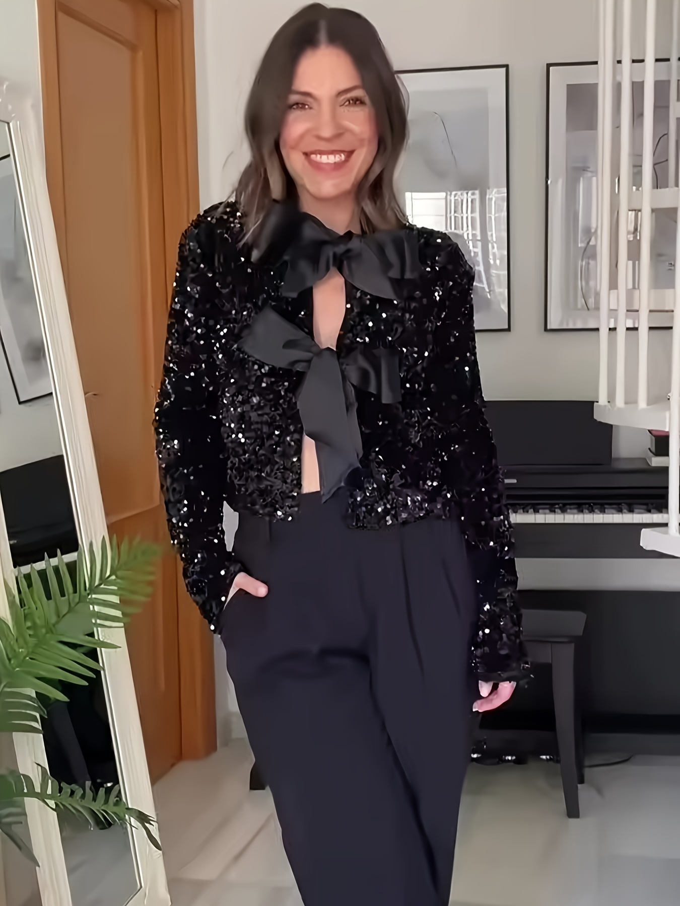 elegant womens sequin crop top jacket bow detail long sleeve