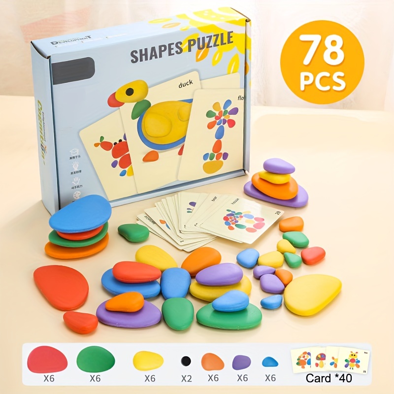 

78pcs Jeu de Jenga en galets pour enfants - Jouet éducatif interactif de réflexion , de pierres empilables de couleurs mélangées avec des cartes assorties