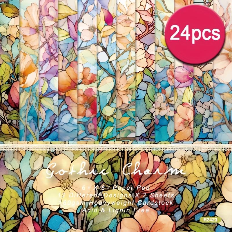 

24pcs Stained Glass Floral Landscape Scrapbook Paper - Multicolor Aesthetic Decoupage Crafting Sheets 6x6 Inch For Journaling, Gift Wrapping, Album Art & Diy Crafts