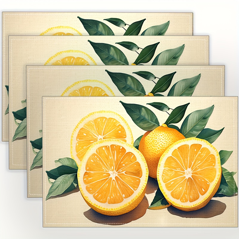 

4pcs Placemats, Fresh Lemon Pattern Linen Rectangle Placemats, Household Durable Placemats, For Parties, Restaurant And Dinning Room, Table Decor, Home Supplies
