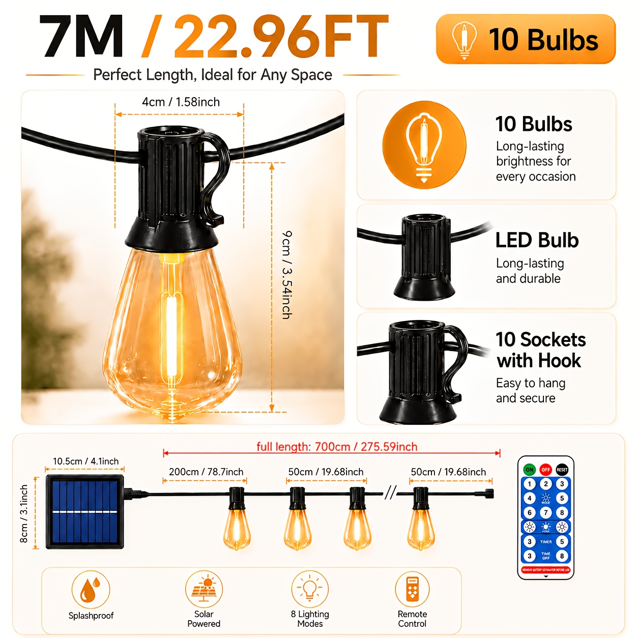 Image of Ip65 St38 Solar Powered Indoor String Light With Remote Control, 8 Light , 18m/17.25m/15.5m/15m/7m Led Outdoor Fairy Lights Warm White Plastic Bulbs For Weddings, Parties