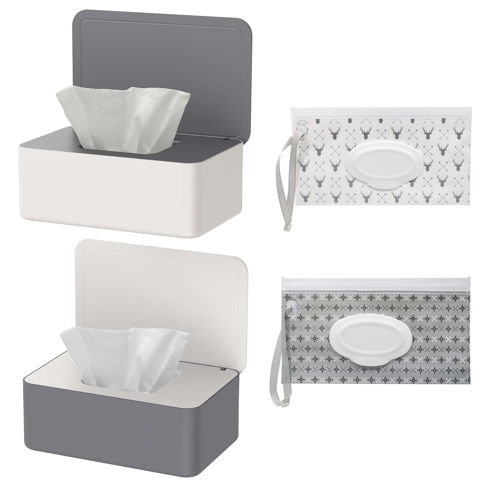 Image of 4pcs Tissue Storage Set, Including 2 Lid-equipped Wipes Dispensers + 2 Reusable Wipes Pouches, Wet Toilet Paper Box, Tissue Storage Box, Wipes Dispenser, Suitable For Home, Office, Car, And Travel