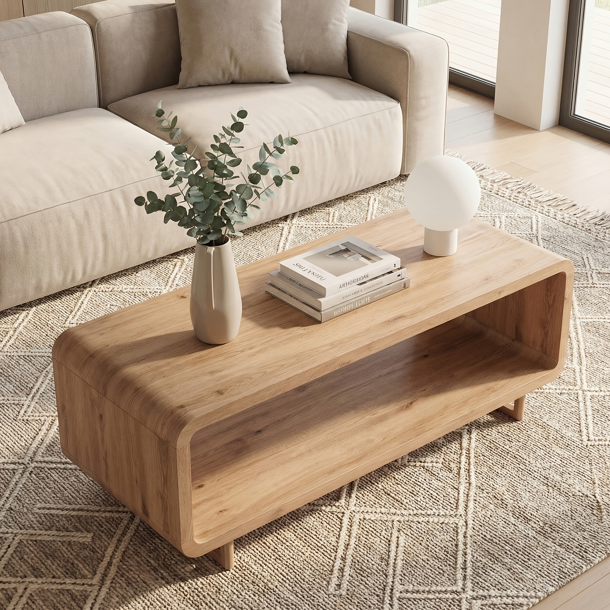 Wooden Coffee Table with Storage Shelf · Modern 2-Tier Rectangular Minimalist Center Table - Curved Profile Design for Living Room, Office