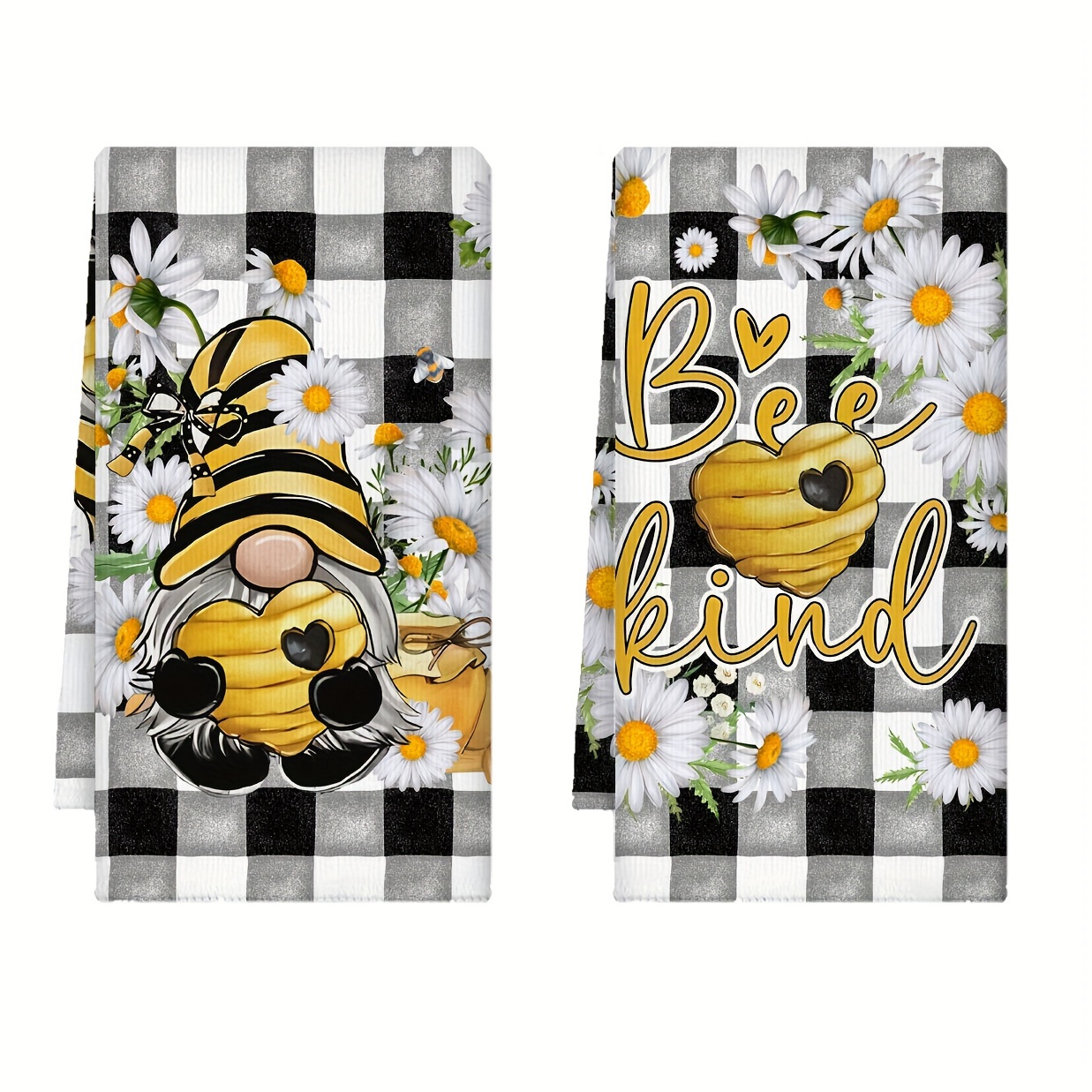 

2pcs, Hand Towels, Bee And Cartoon Gnome Printed Kitchen Towels, Rustic Buffalo Plaid Design Dish Cloths, Soft Absorbent Microfiber Dishcloth, Home & Table Decor