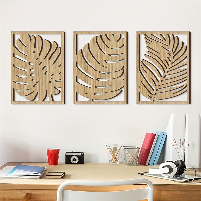TEMU Lot de 3 pièces de décoration murale en bois de style bohème - Peinture artisanale ajourée avec de plantes et de Monstera, convient pour la