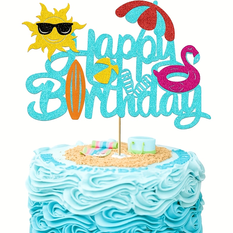 1pc Summer-themed Cake Topper For Beach And Pool Birthday Celebrations, Featuring Glittery Blue Decorations Hawaiian , Including For Sun Umbrellas, Beach Balls, And , Halloween, Christmas