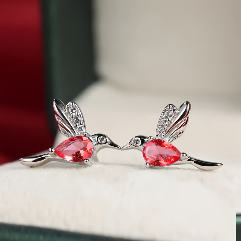 Hummingbird Stud Earrings with Purple Faux Gemstone