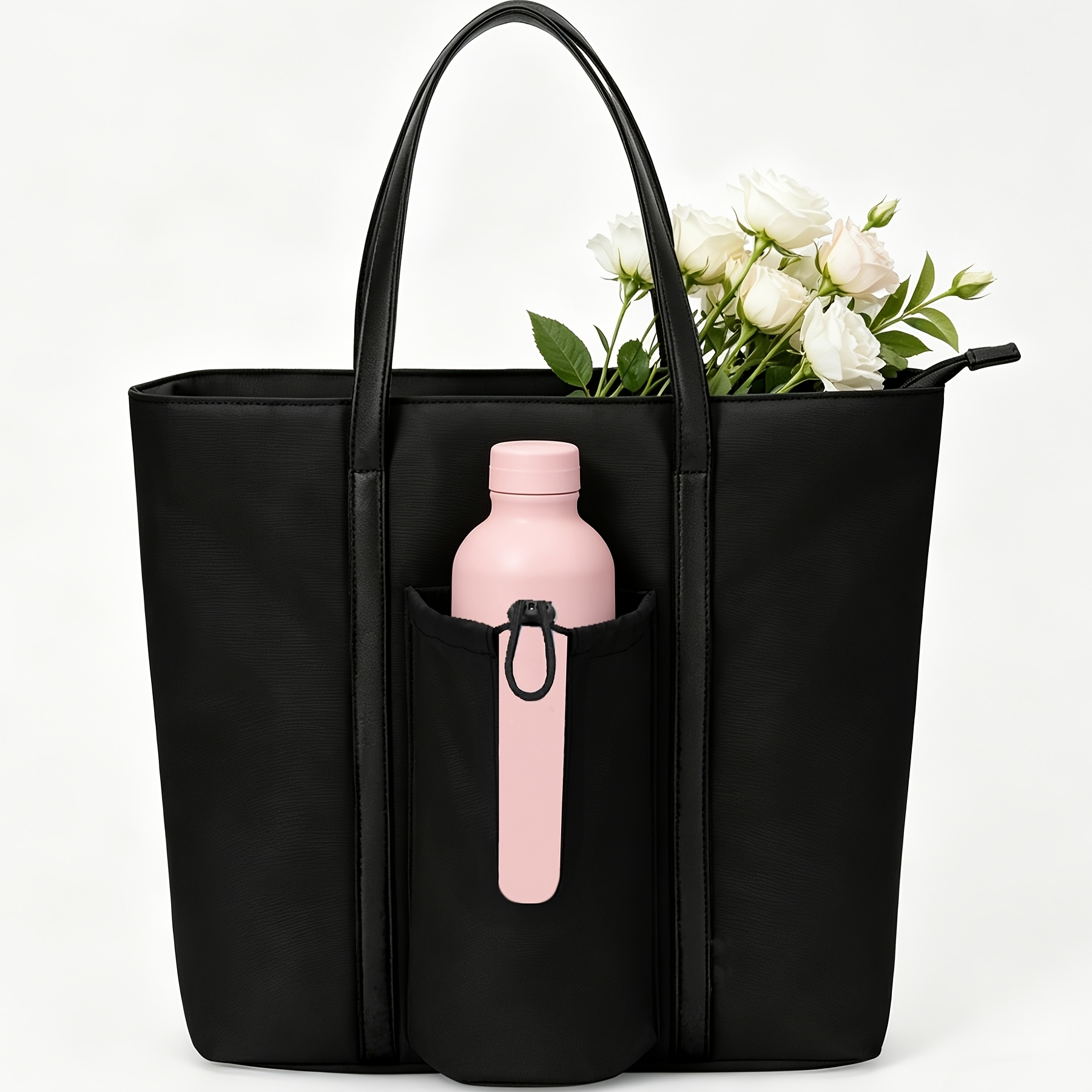 Tote Bag With Cup Holder & Pu Handles, Multi-functional Handbag Fits Laptop Suitable For Travel, School, Shopping, Dating