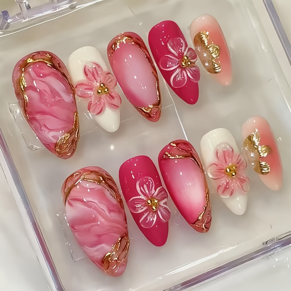 TEMU 10pcs Almond Short Press-on Nails Suitable For Parties & Daily Wear - 3d Embossed Nude Pink Gradient With Golden Bead & Gilded Edge Tips,