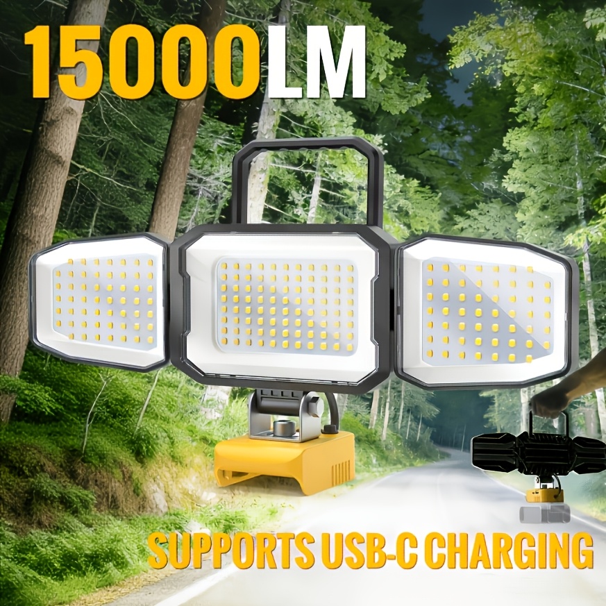 TEMU Diytoolifz 15000lm Led Work Light 150w Compatible With 20v Battery, 3-head Adjustable Flood Light, 6500k Daylight Work Lamp With 2 Brightness ,