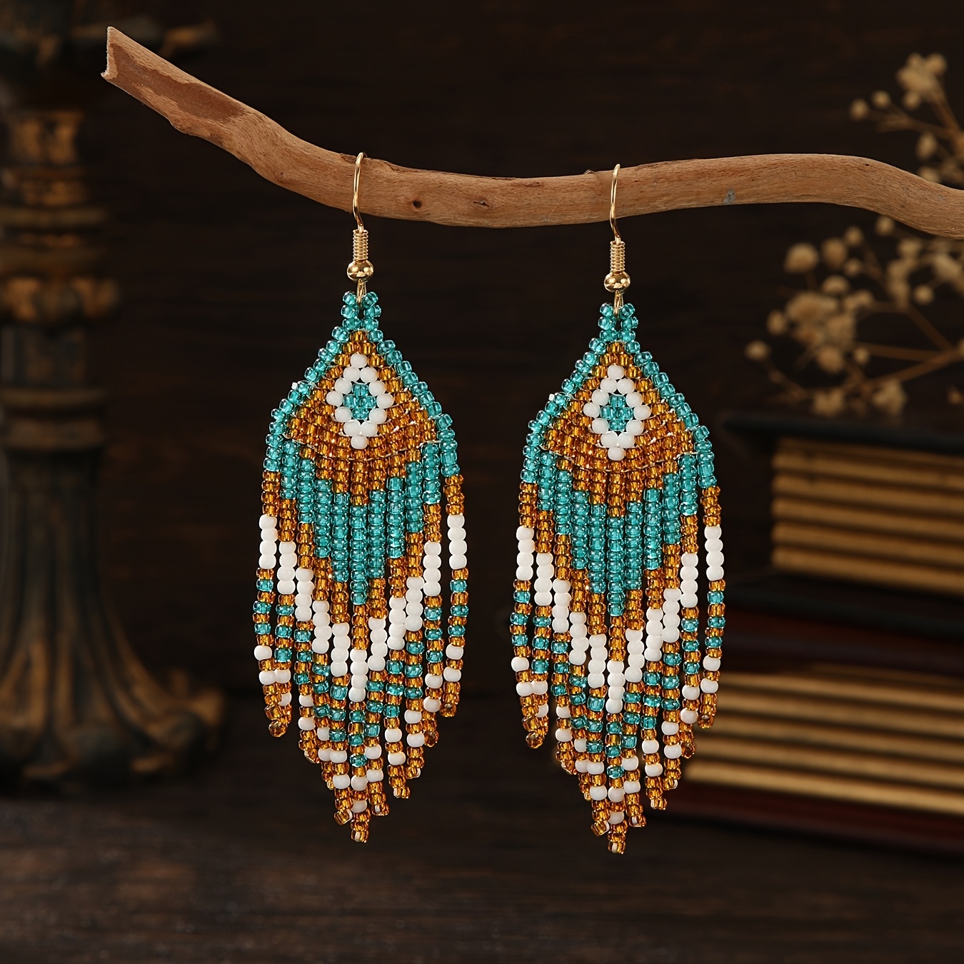 TEMU 2 pièces SOUL BEADING Boucles d'oreilles bohèmes pour femme en perles de verre tissées à - 2 pièces Boucles d'oreilles pendantes à pompons avec