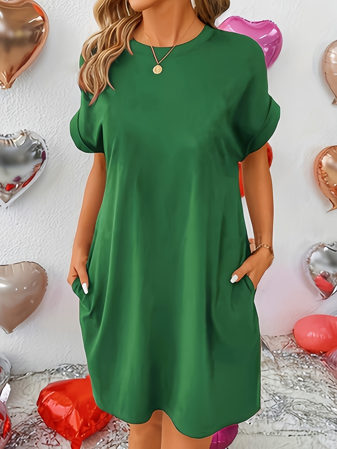 Dual Pocket Crew Neck Loose Dress, Casual Short Sleeve Dress For Spring & Summer, Women's Clothing