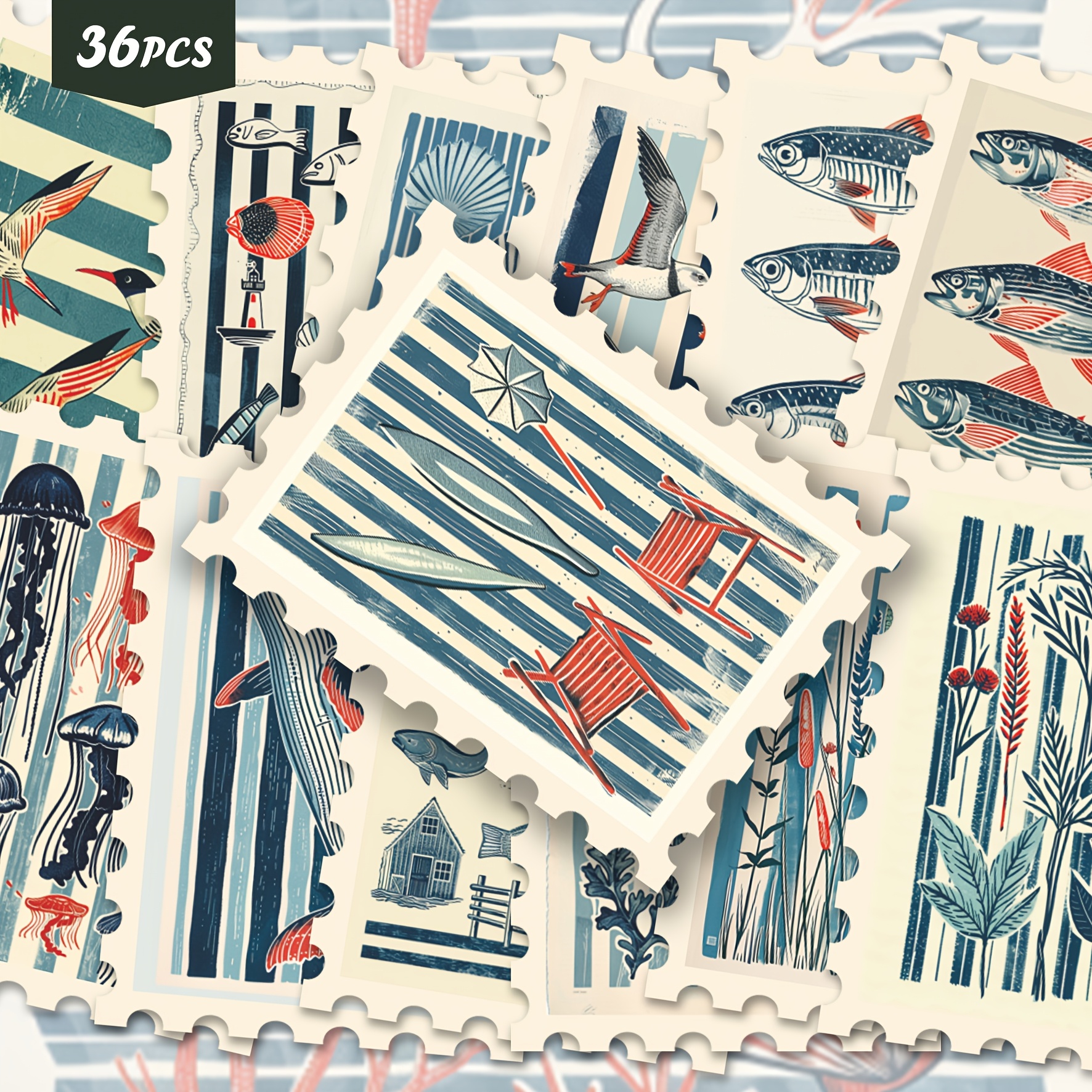 TEMU Set de 36 stickers costeros vintage, con vida marina retro estampada en bloques, de playa, aves y patrones de rayas, stickers planos 2D para