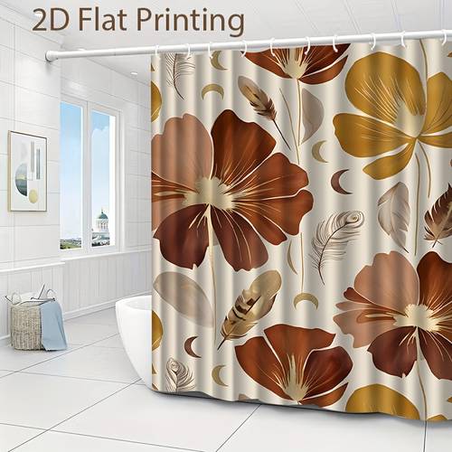 2d flat jit1pcs 2d flat printing large floral print with brown and feathers and crescent on cream background bath curtain with fresh pattern print a high end and elegant bathroom curtain a bathtub